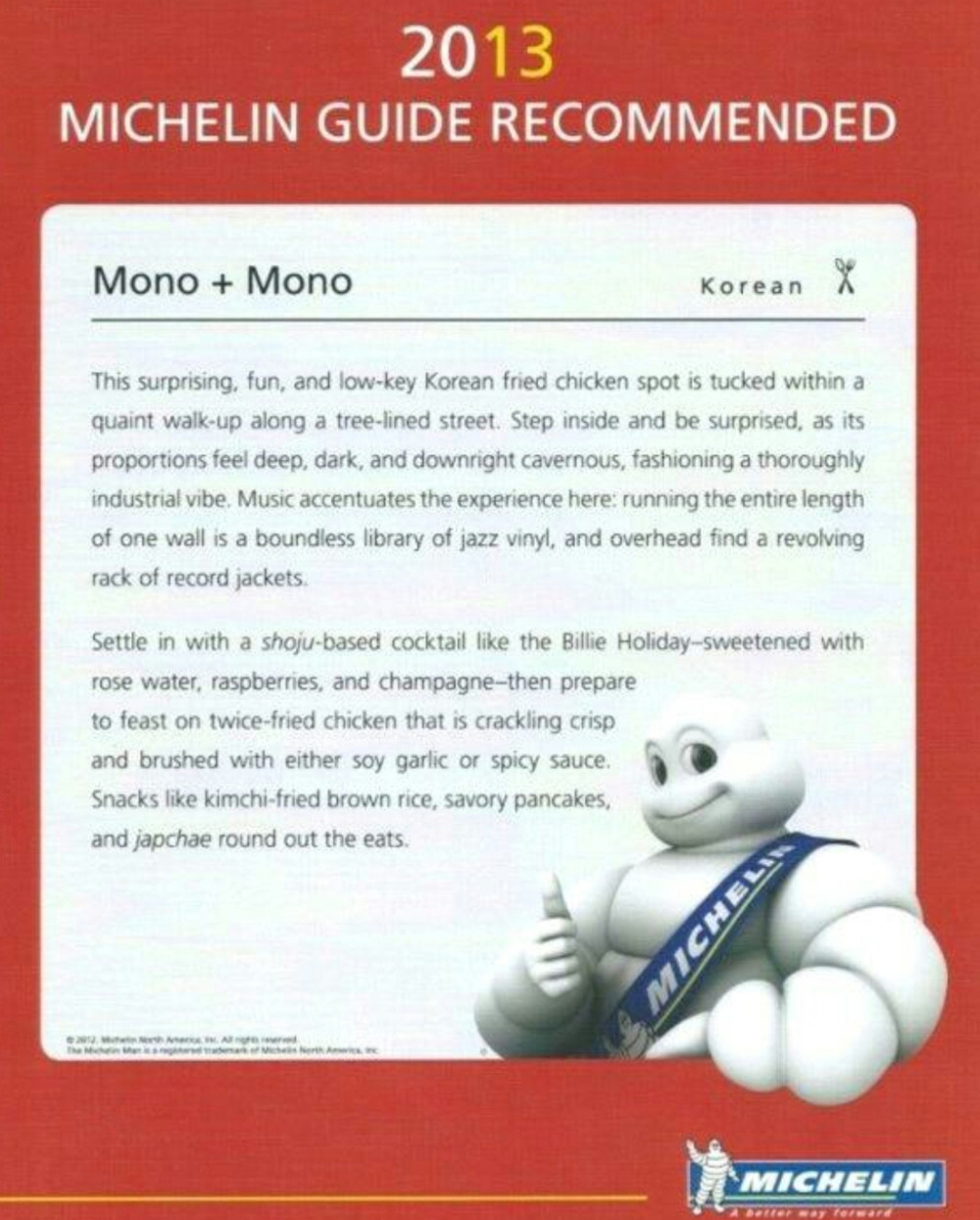 2013 Michelin Guide recommendation for the Korean restaurant where our chef worked