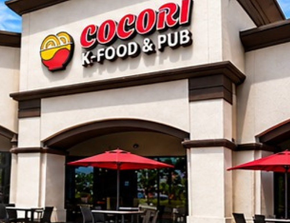 COCORI K-Food and Pub storefront in La Habra with red patio umbrellas
